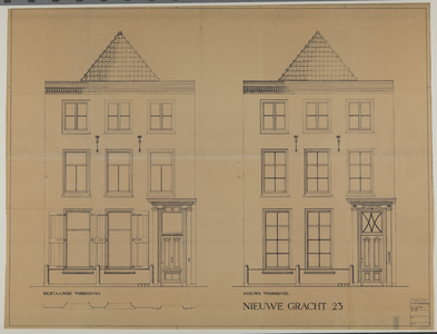 217665 Opstand en doorsnede van de nieuwe voorgevel van het pand Nieuwegracht 23 te Utrecht.
